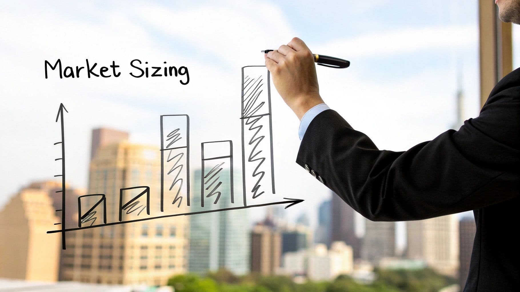 Professional drawing a market sizing bar graph on a clear glass window overlooking a cityscape.