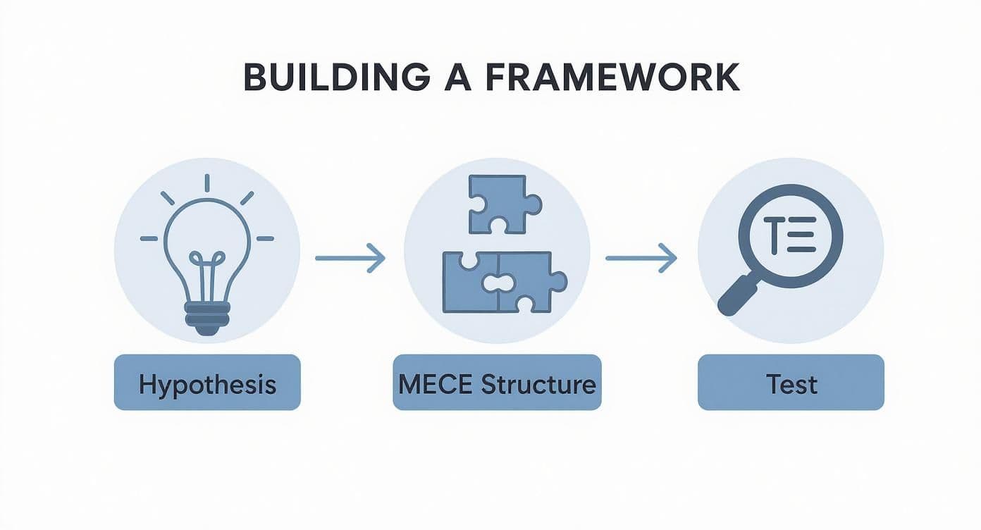 A three-step framework illustrating problem-solving: Hypothesis (lightbulb), MECE Structure (puzzle pieces), and Test (magnifying glass).