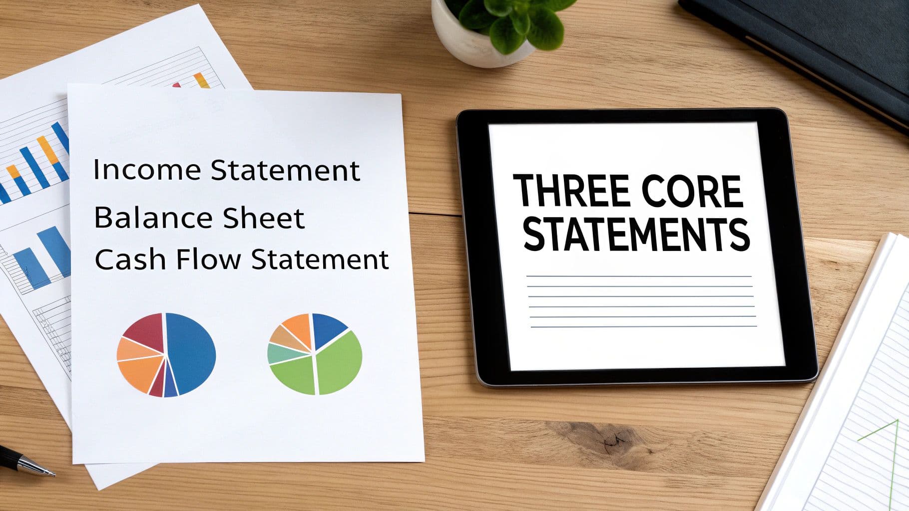Financial documents on a wooden desk, showing income, balance, and cash flow statements with charts.