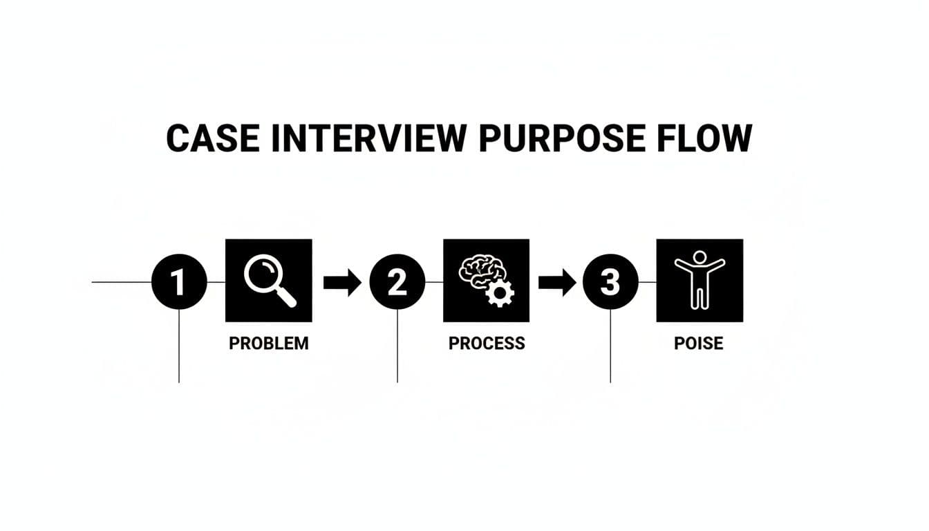 Flowchart illustrating the three purposes of a case interview: problem-solving, process thinking, and demonstrating poise.