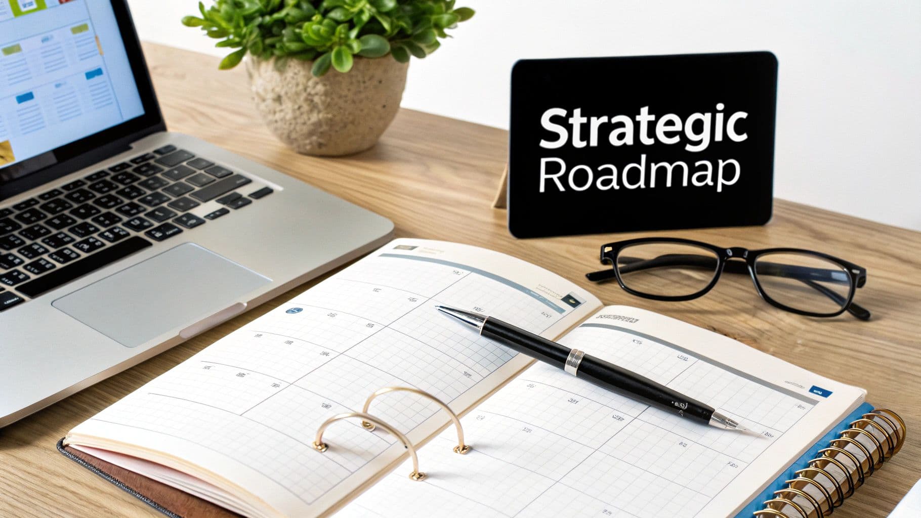 A desk with a laptop, open planner, pen, glasses, and a tablet showing 'Strategic Roadmap'.