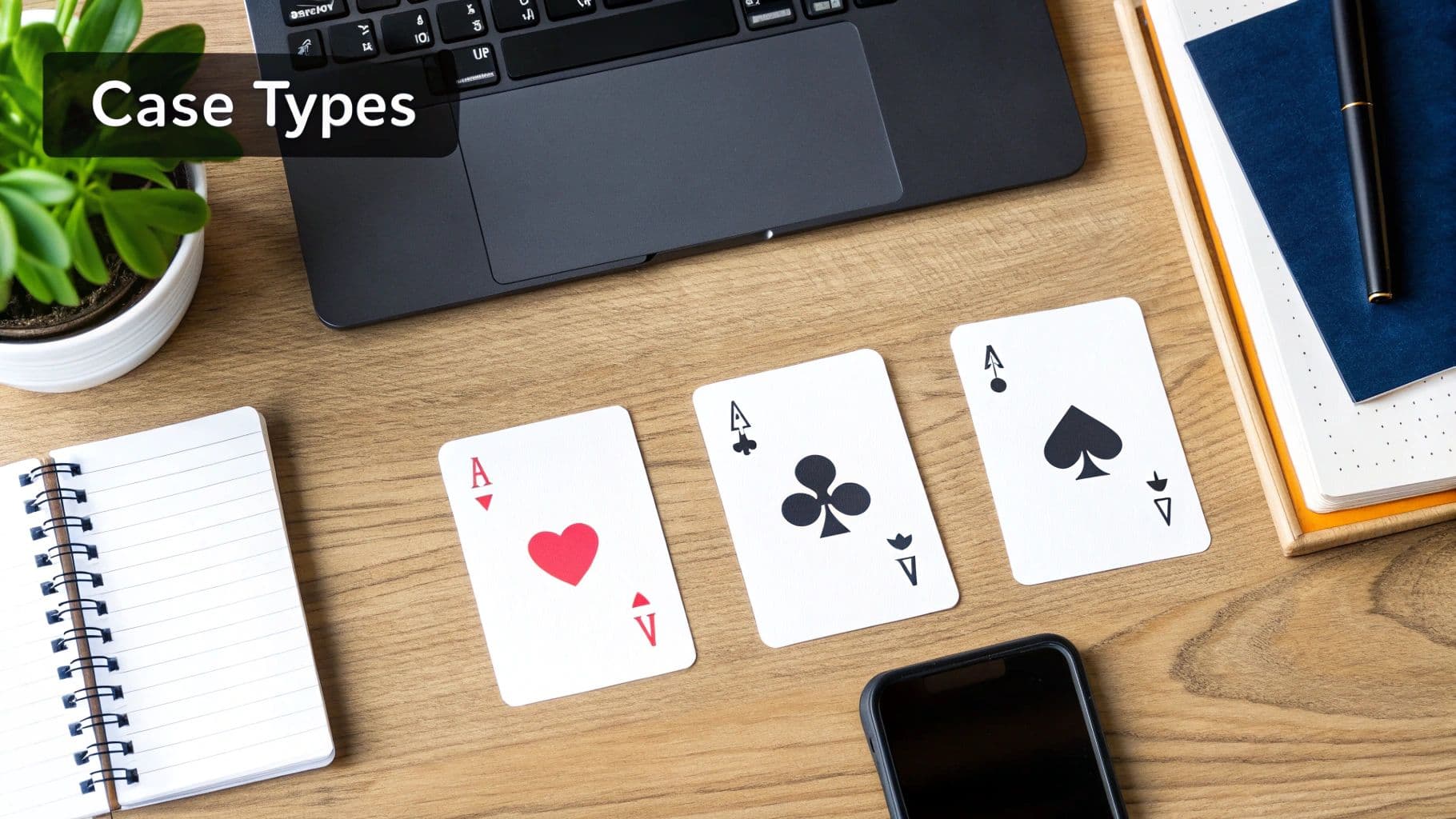 Overhead view of a wooden desk featuring playing cards, a laptop, notebooks, and a plant. Text reads 'Case Types'.