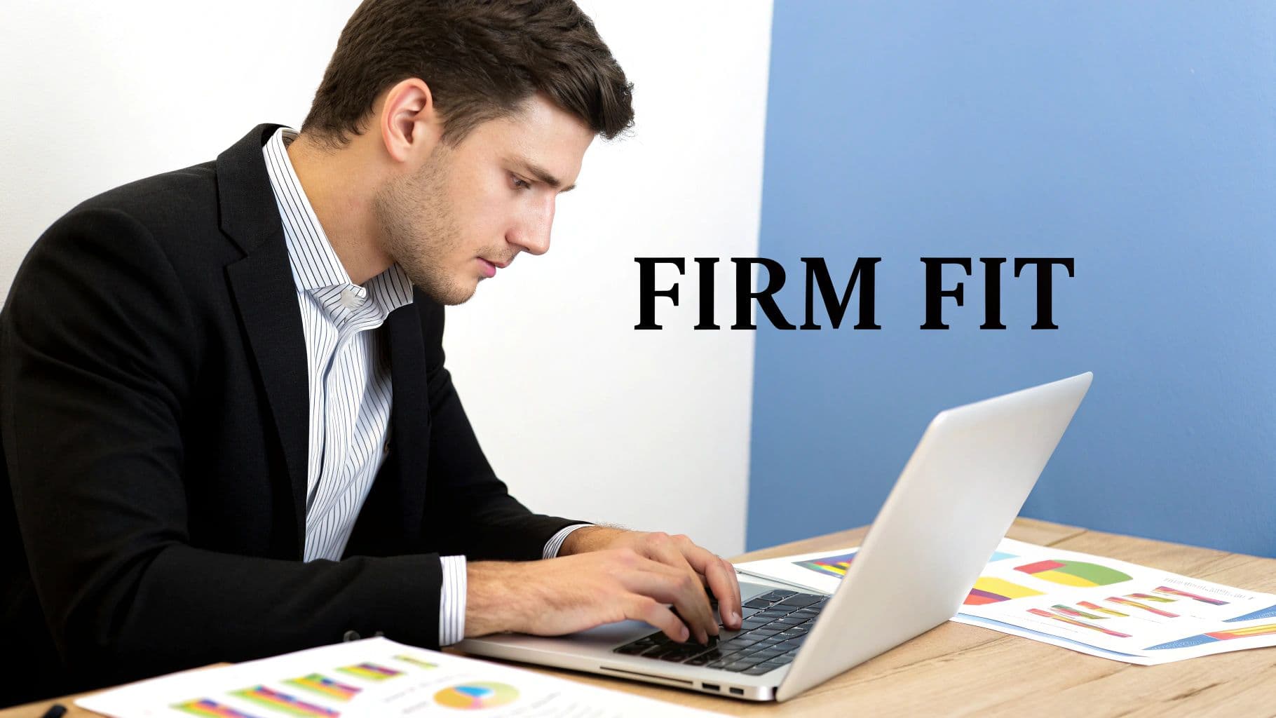 A man in a suit types on a laptop at a desk with charts, text "FIRM FIT" on the wall.