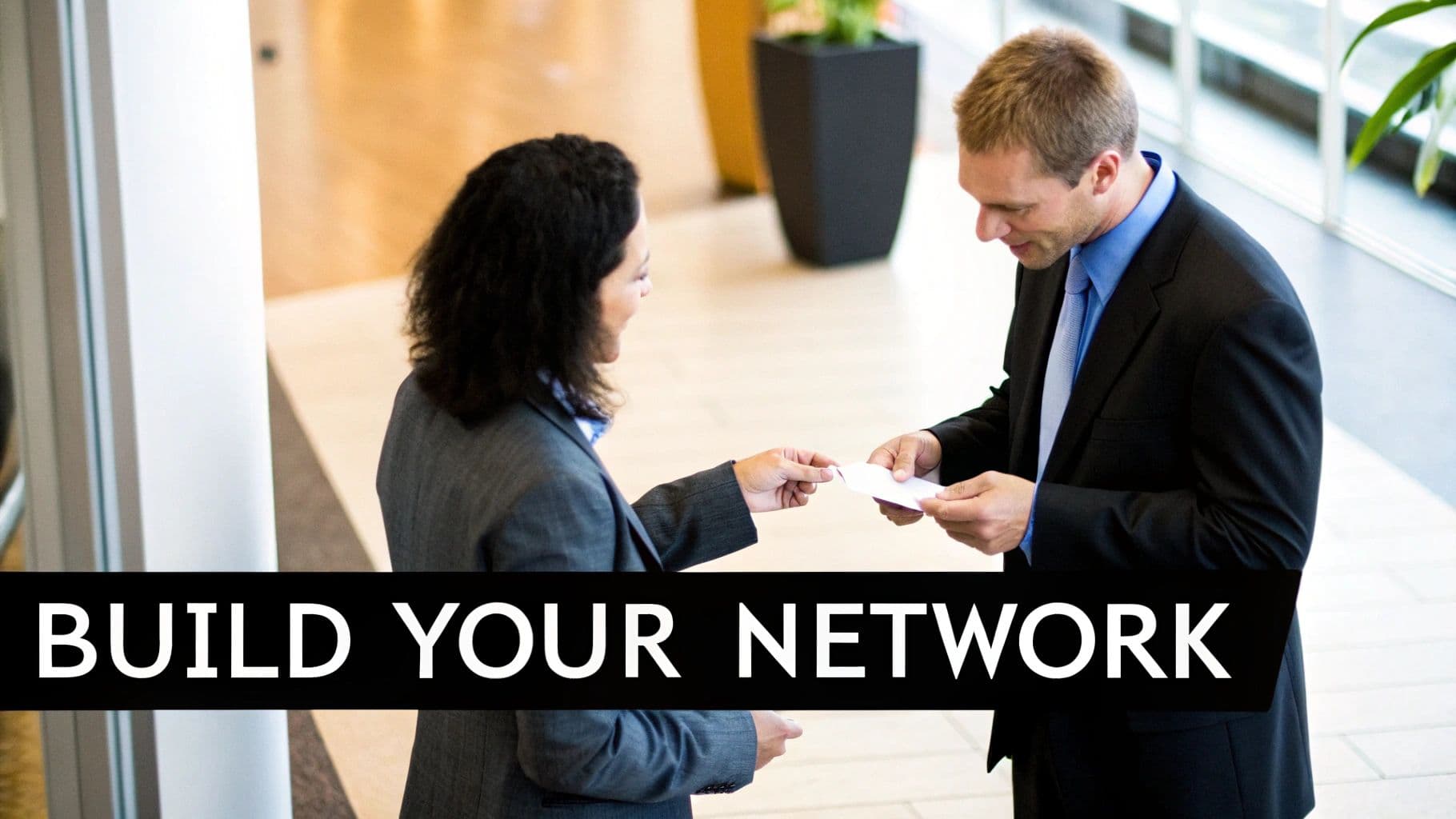 Two business professionals exchanging business cards and smiling, building their professional network.