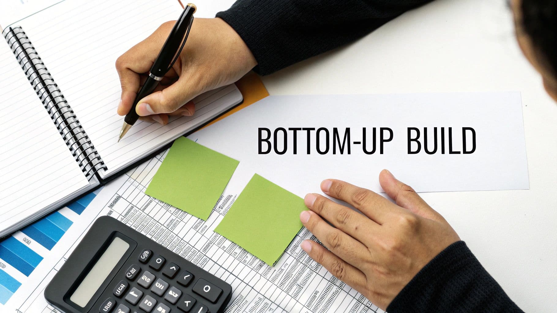 A person's hands are on a desk with a notebook, calculator, and sticky notes. A paper with "BOTTOM-UP BUILD" is visible.