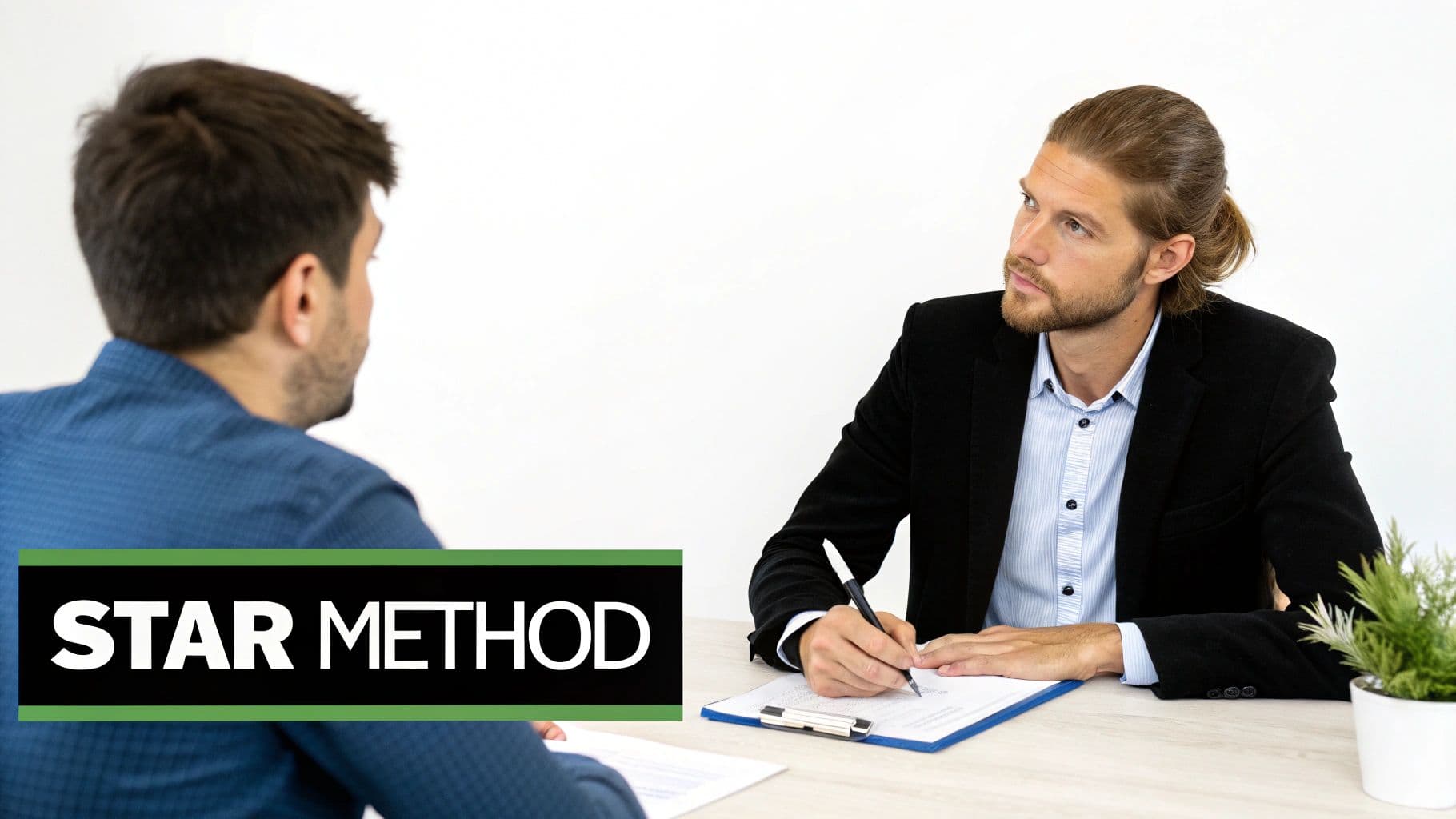 Two men in a professional setting, one interviewer taking notes while the other listens, with a 'STAR METHOD' overlay.