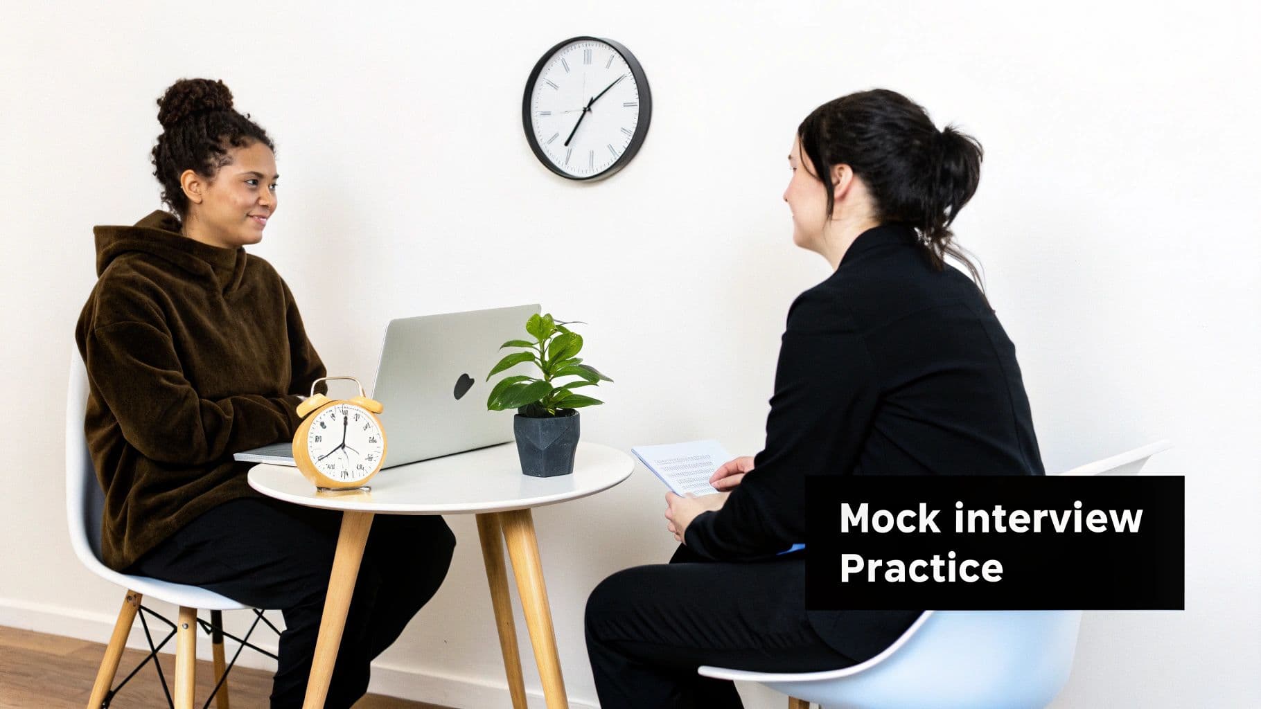 Two colleagues discussing work during a video call, simulating a mock interview setting.