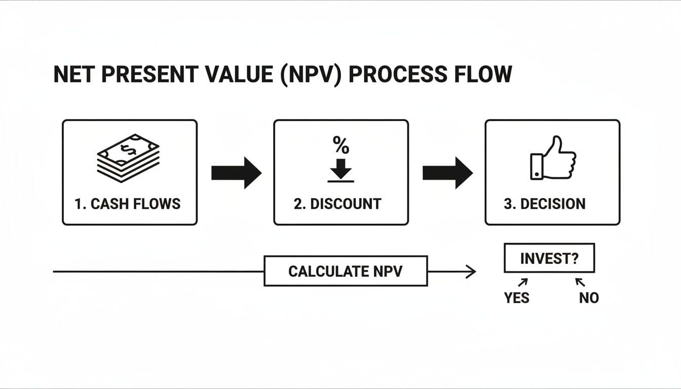 Flowchart illustrating the Net Present Value (NPV) process flow: cash flows, discount, calculate, and invest decision.