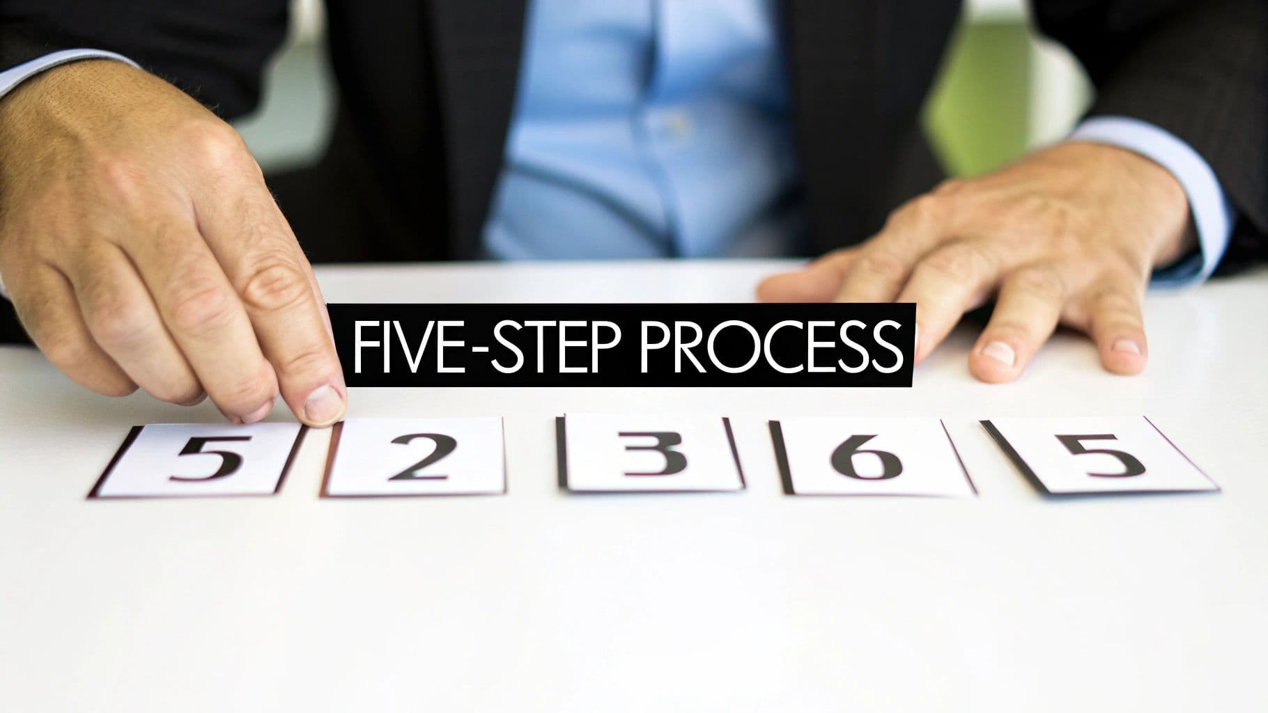 A person arranging cards with numbers on a table, illustrating a five-step process.