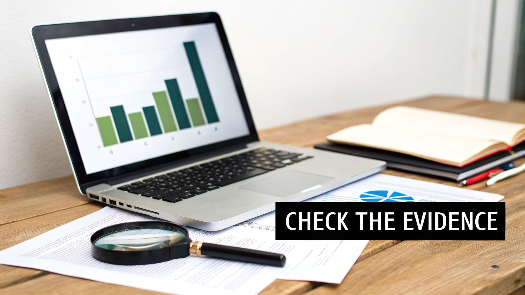 A laptop displaying a bar graph, magnifying glass on documents, and notebooks on a wooden desk.