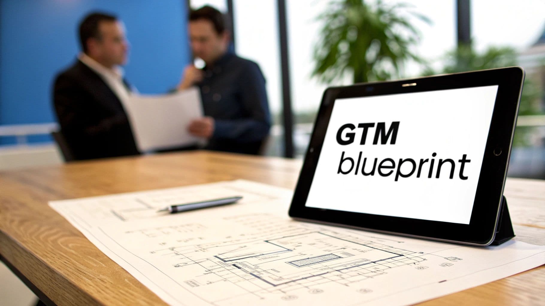 Two men in a business meeting, one reading a document, with a tablet displaying 'GTM blueprint' and architectural plans on a wooden table.
