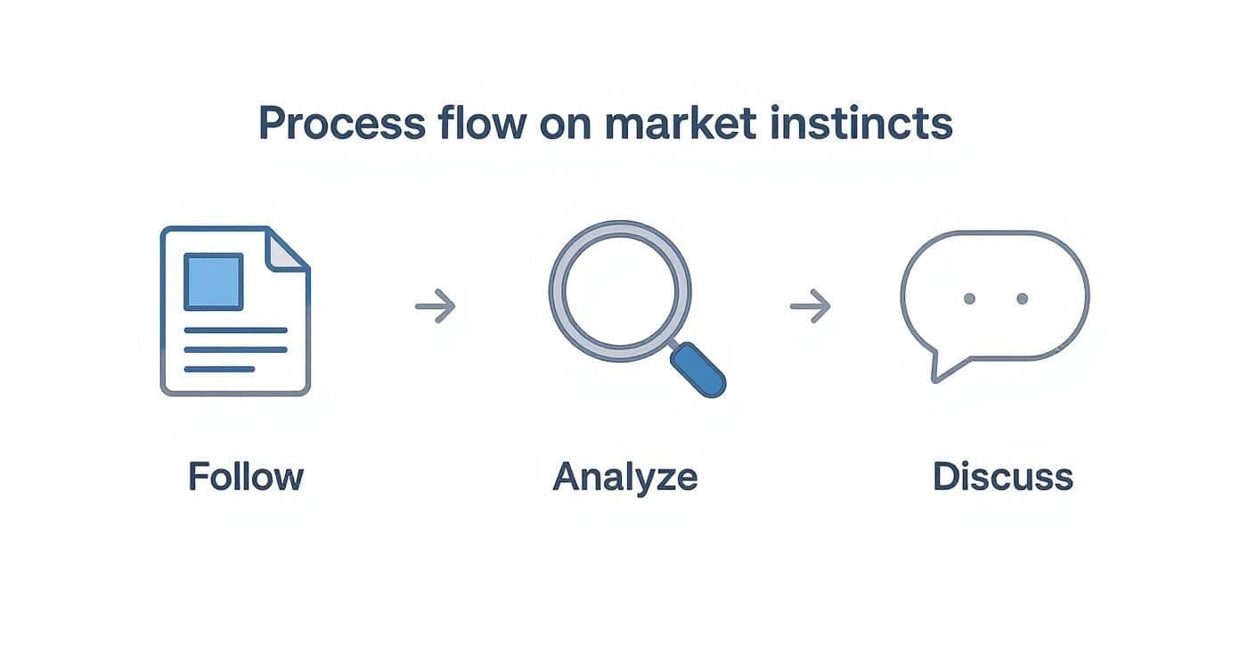 A three-step process flow showing Follow (document), Analyze (magnifying glass), and Discuss (speech bubble) for market instincts.
