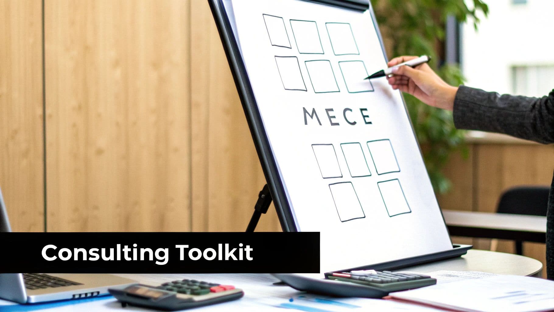 A hand writes MECE on a whiteboard with diagrams, next to a laptop and calculators, for consulting.