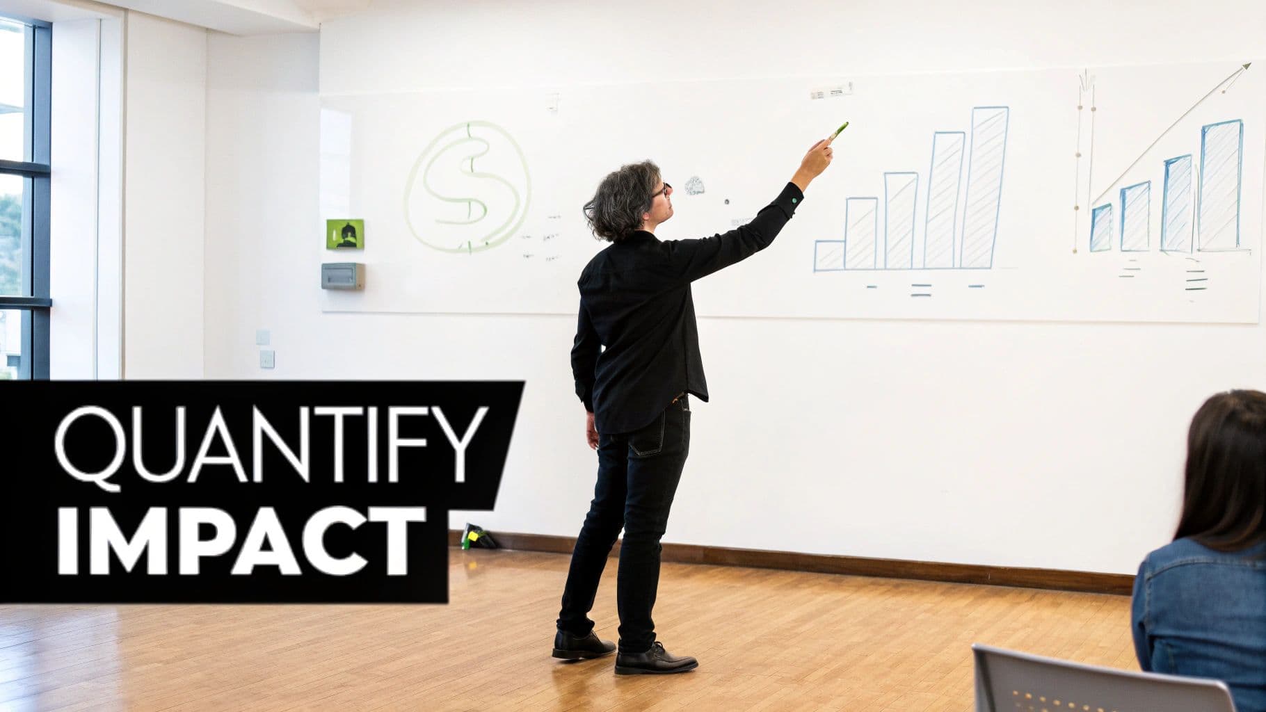 A presenter points at financial charts and a dollar sign on a whiteboard during a meeting.