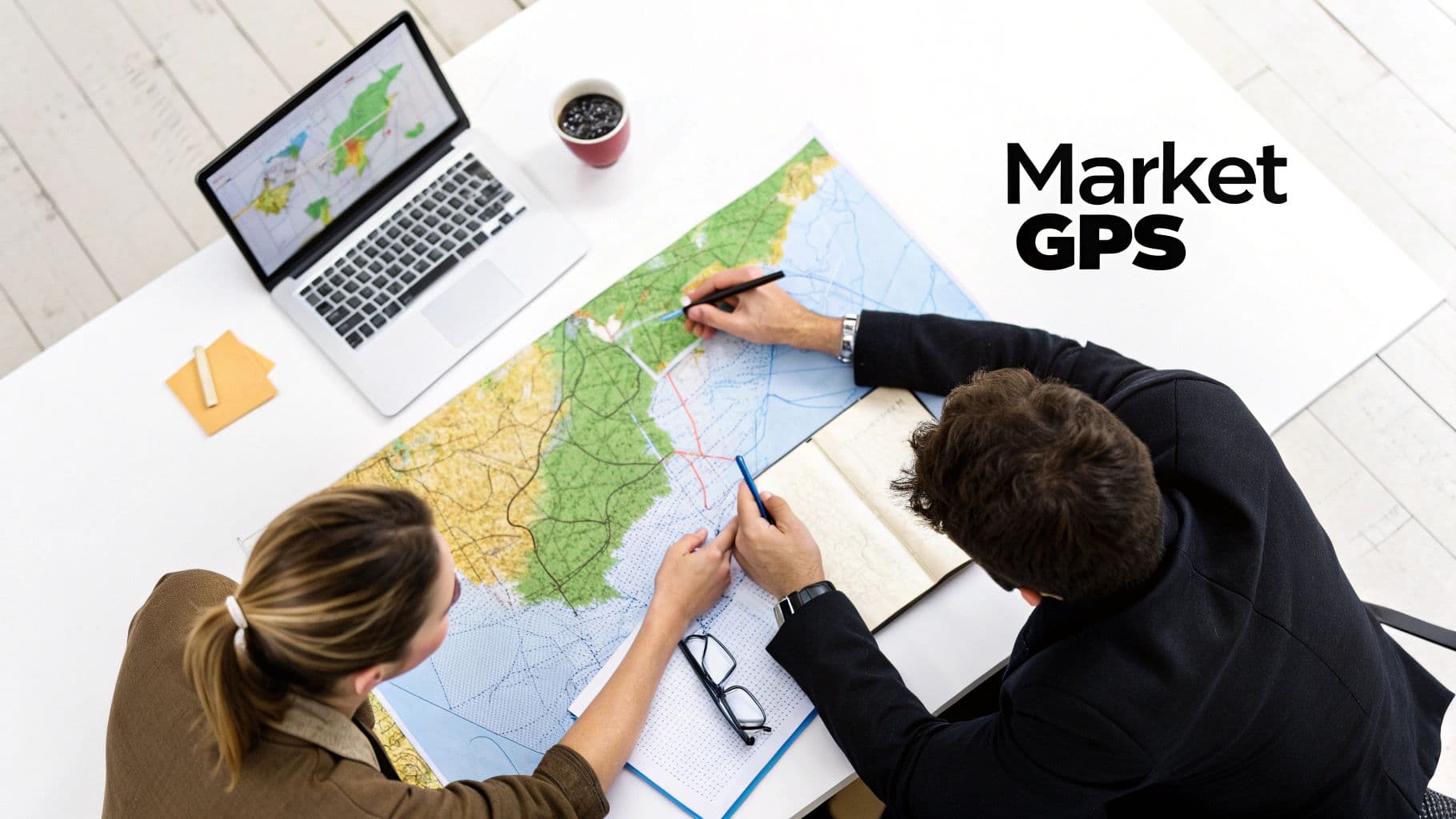 Two business professionals analyzing a large map and laptop data, planning market strategy.