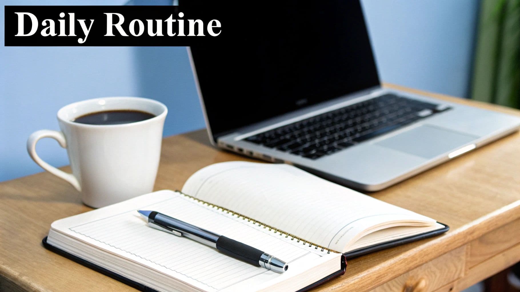 A workspace with a laptop, coffee, open notebook, and pen, illustrating a daily routine.