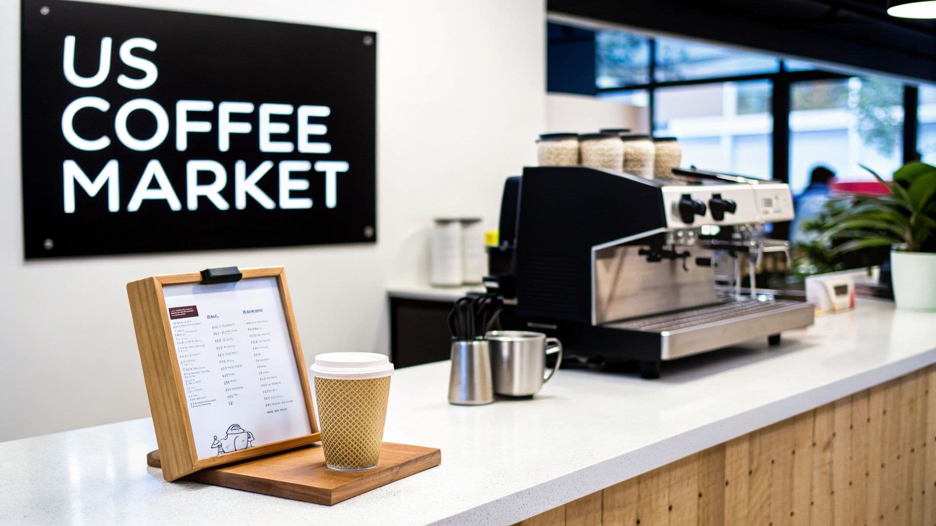 A coffee shop counter features an espresso machine, a menu, and a sign reading 'US COFFEE MARKET'.