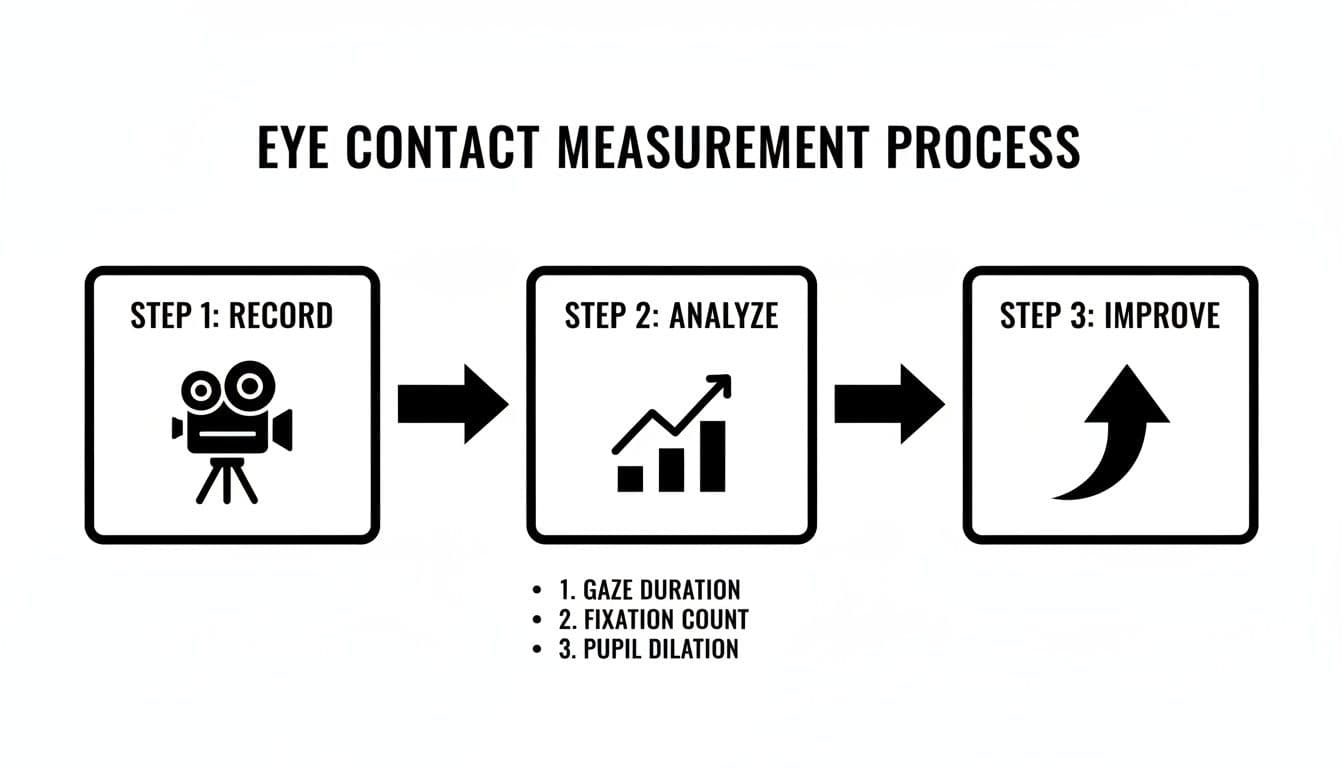 A three-step process diagram for eye contact measurement: record, analyze, and improve, with analysis metrics.