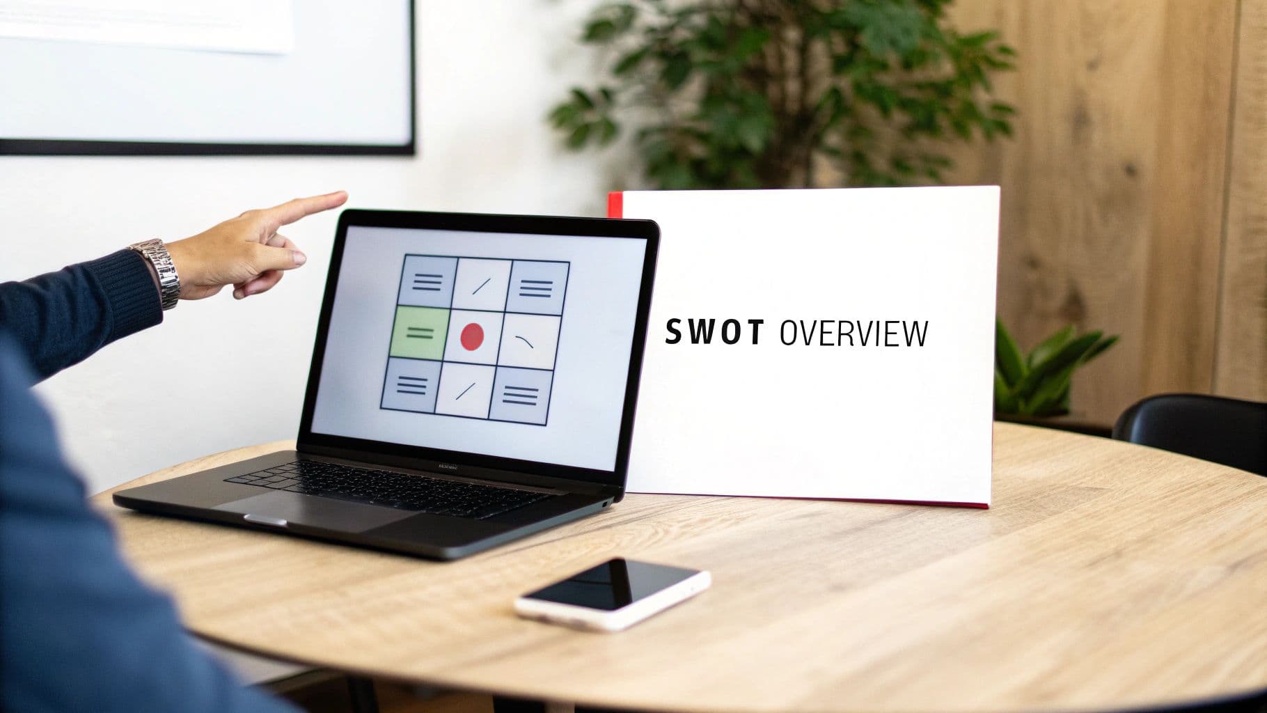 A person's hand points at a laptop displaying a grid, next to a 'SWOT OVERVIEW' sign.