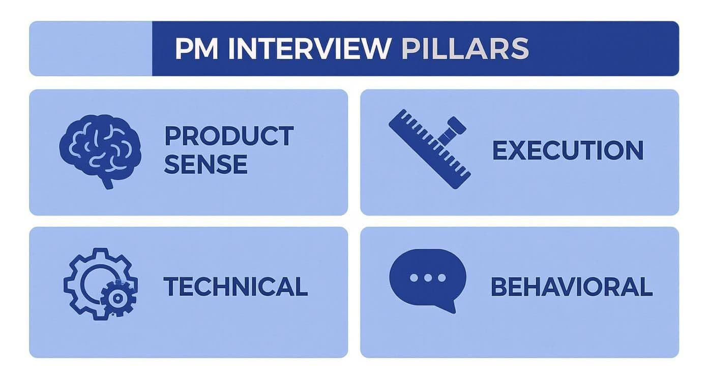An infographic showing the four pillars of a product manager interview: Product Sense, Execution, Technical, and Behavioral, each with a corresponding icon.