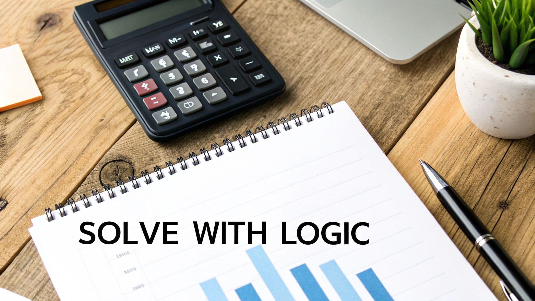 Overhead view of a wooden desk with a calculator, laptop, pen, plant, and a notebook with 'SOLVE WITH LOGIC'.