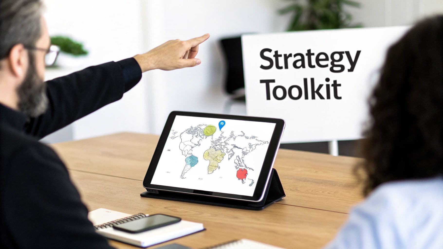 A person points at a tablet displaying a world map during a strategy meeting.