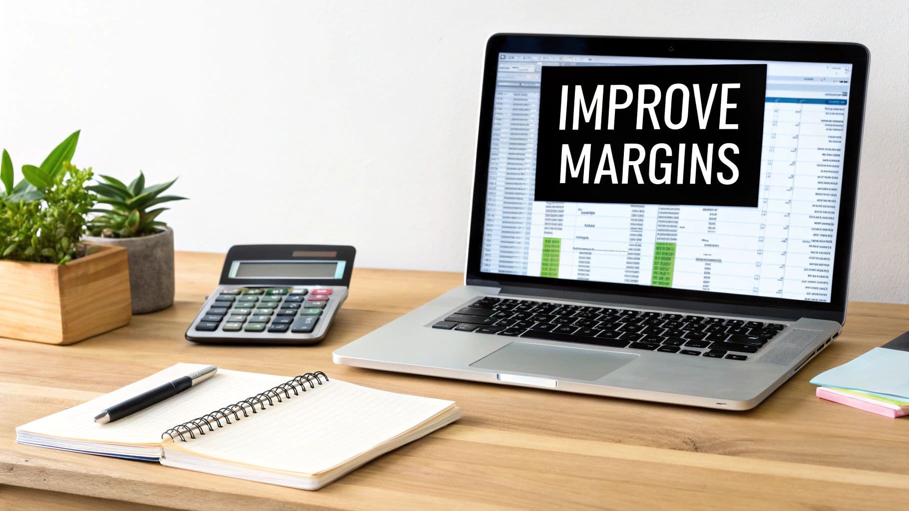 A desk with a laptop displaying 'IMPROVE MARGINS', calculator, notebook, and potted plants.