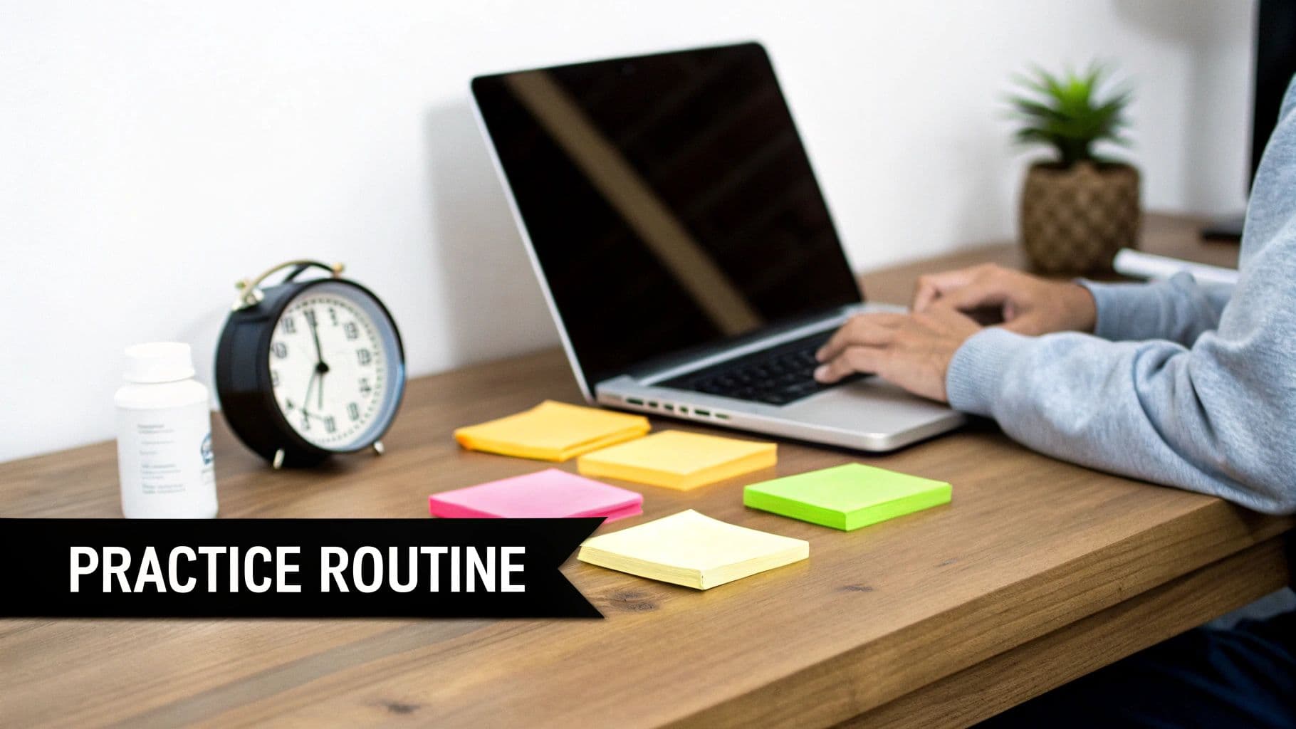 Person working on laptop at wooden desk with colorful sticky notes and alarm clock