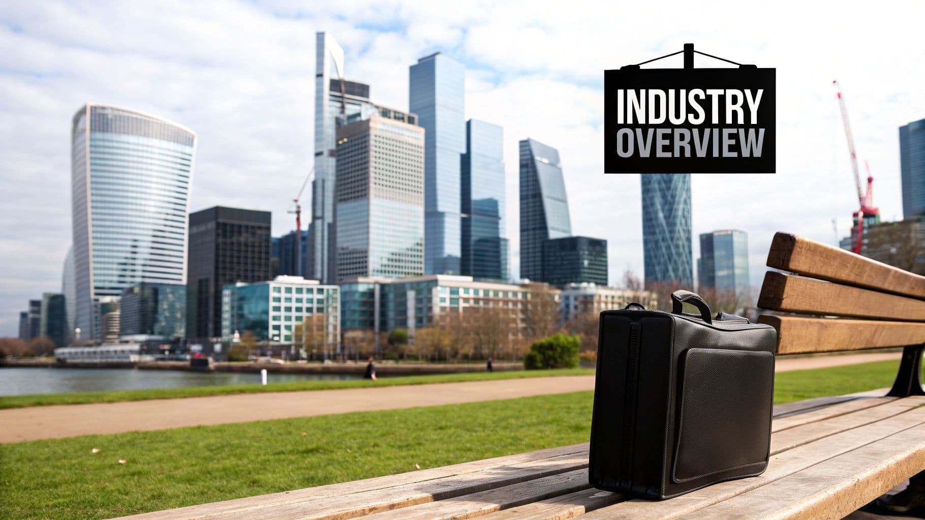 A black briefcase rests on a park bench overlooking a modern city skyline, with an 'Industry Overview' sign.