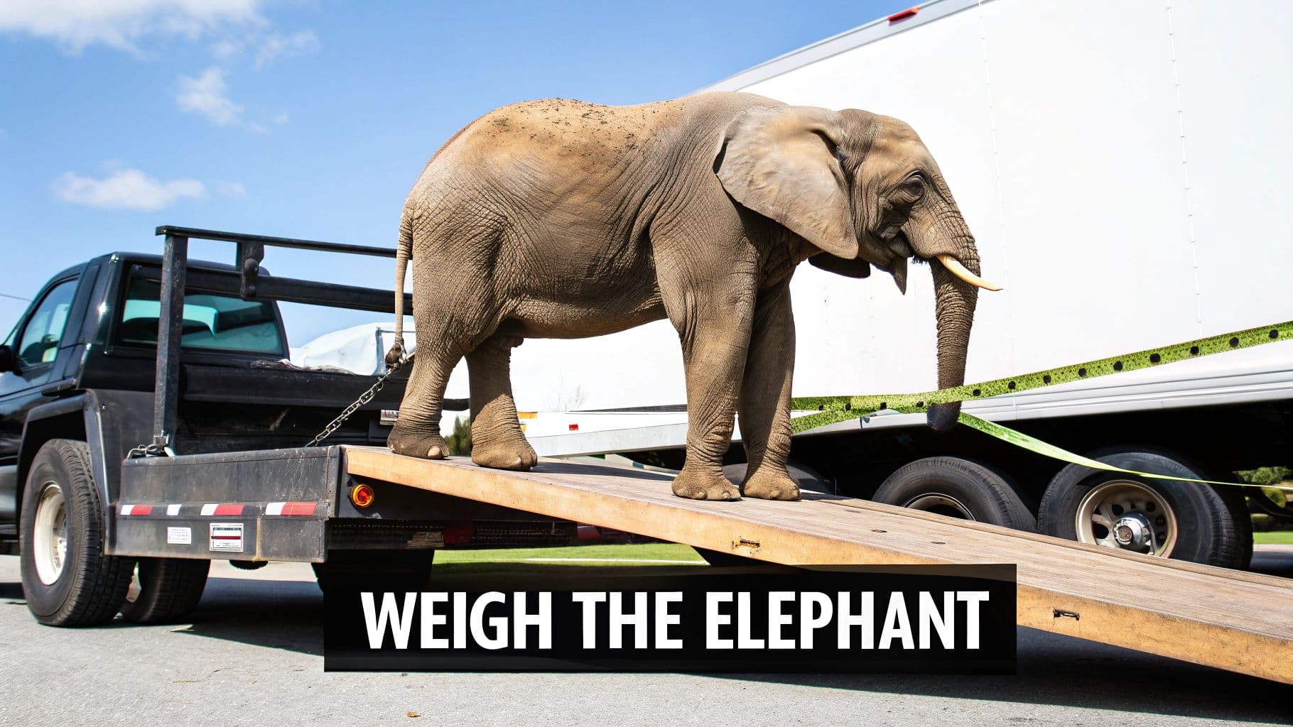 An elephant stands on a wooden loading ramp attached to a black pickup truck, ready to be weighed.