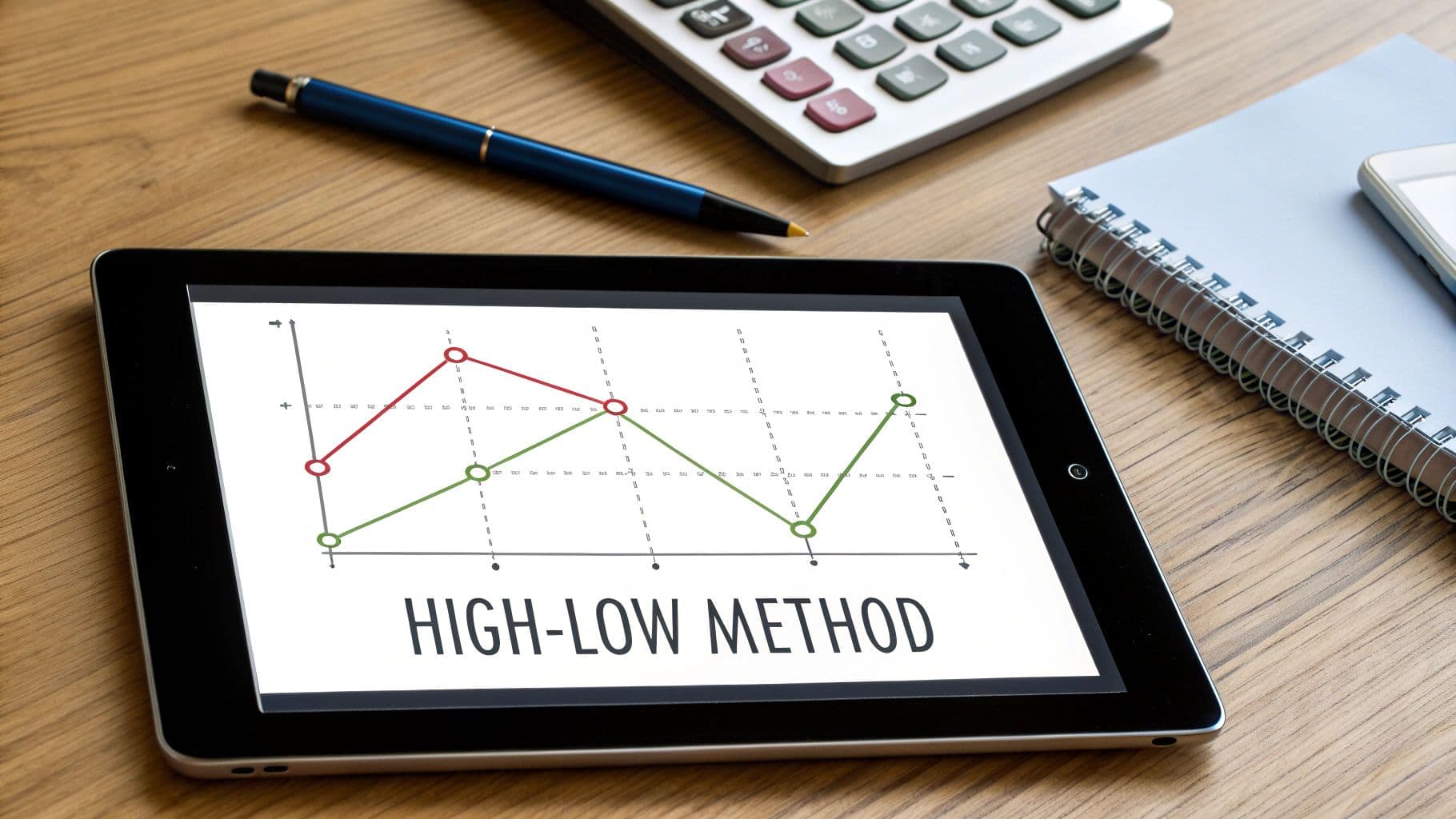 A tablet displays a 'HIGH-LOW METHOD' graph on a wooden desk with office supplies.