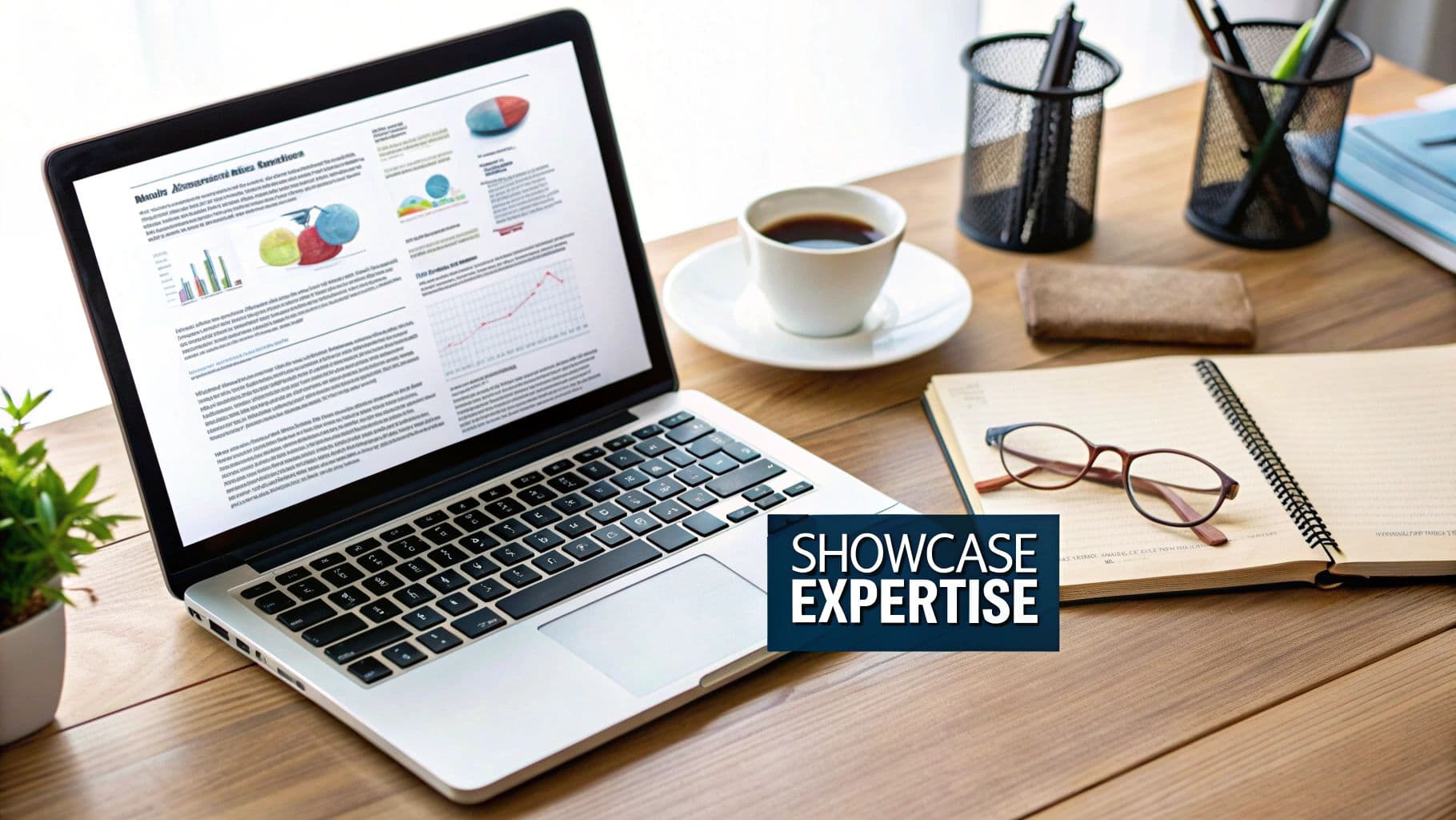 A laptop displaying business charts and text, a coffee cup, glasses, and office supplies on a wooden desk.