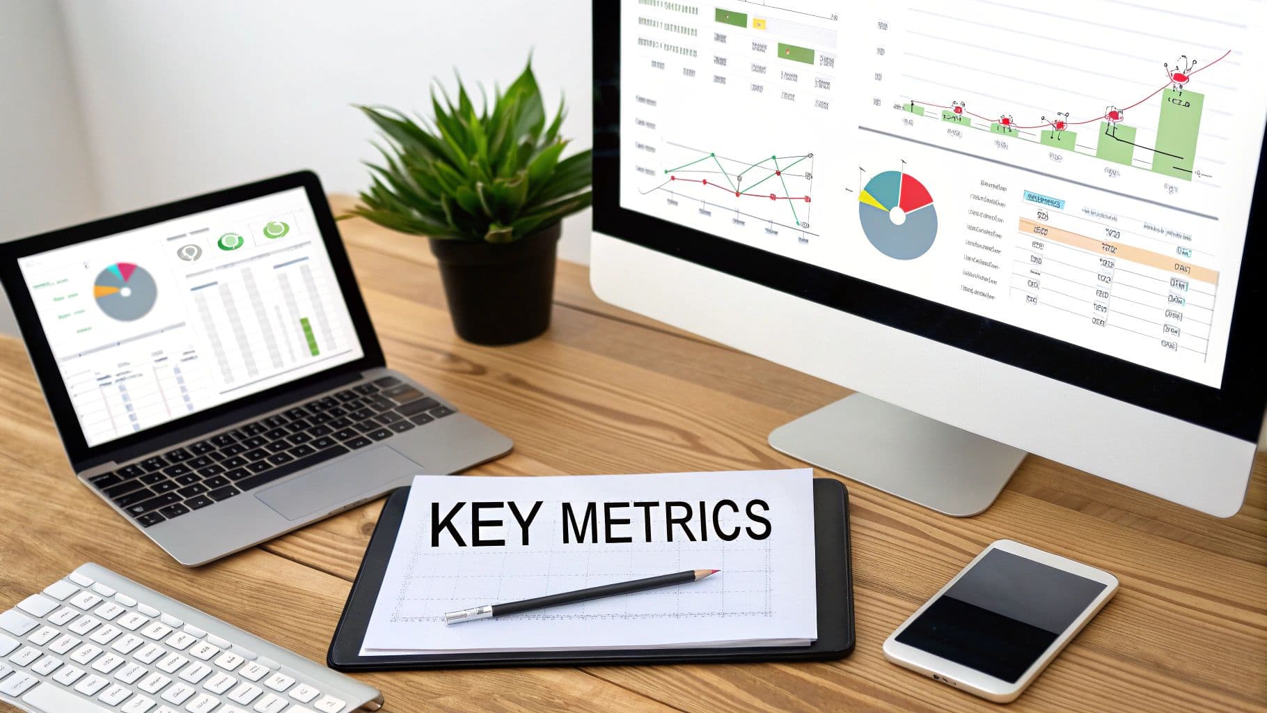 A desk setup with a laptop and monitor displaying charts and data, a 'KEY METRICS' document, and a smartphone.