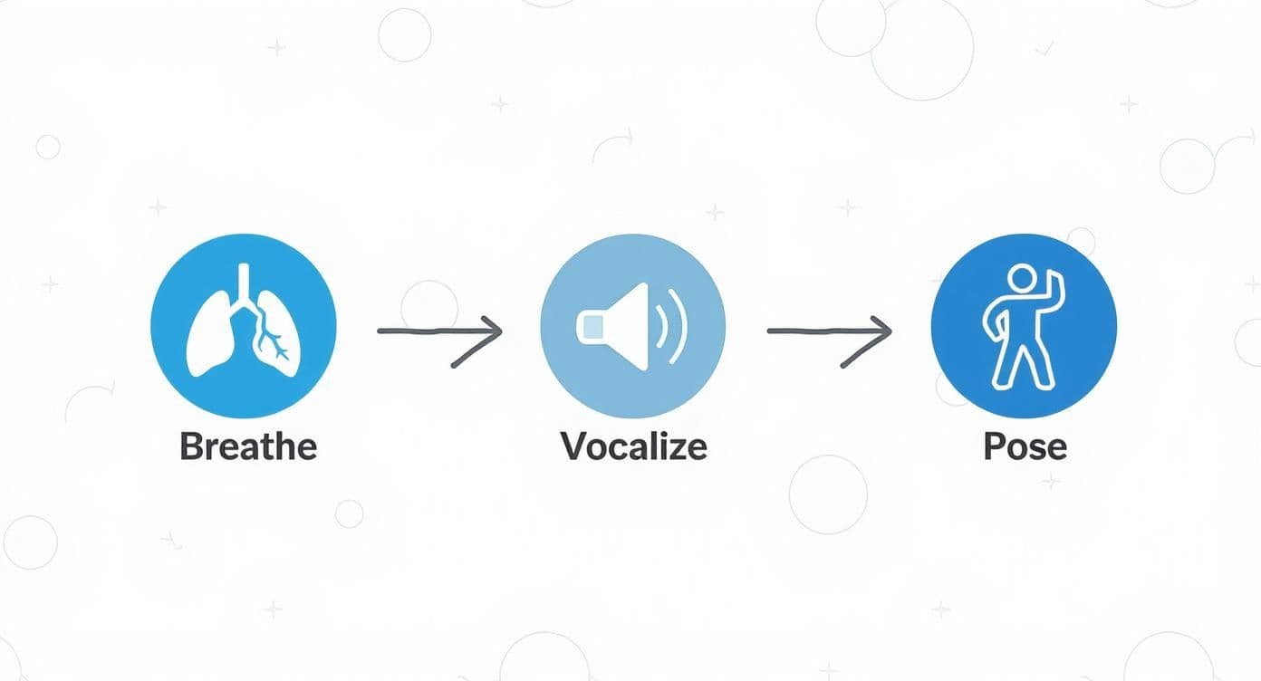 Three step process showing breathe, vocalize, and pose icons for public speaking preparation technique