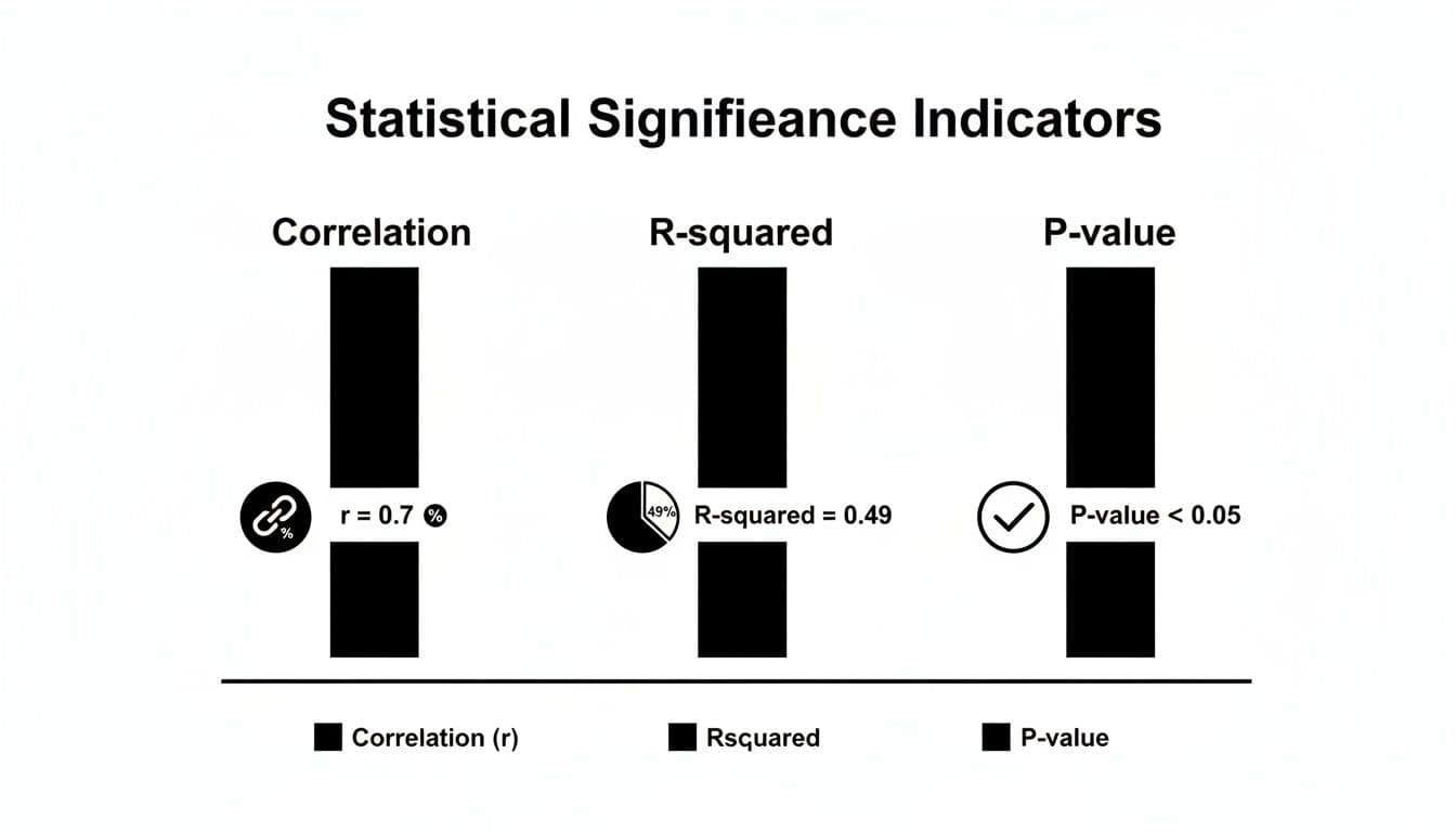 Bar chart illustrating statistical significance indicators: correlation (r=0.7), R-squared (0.49), and p-value (<0.05).