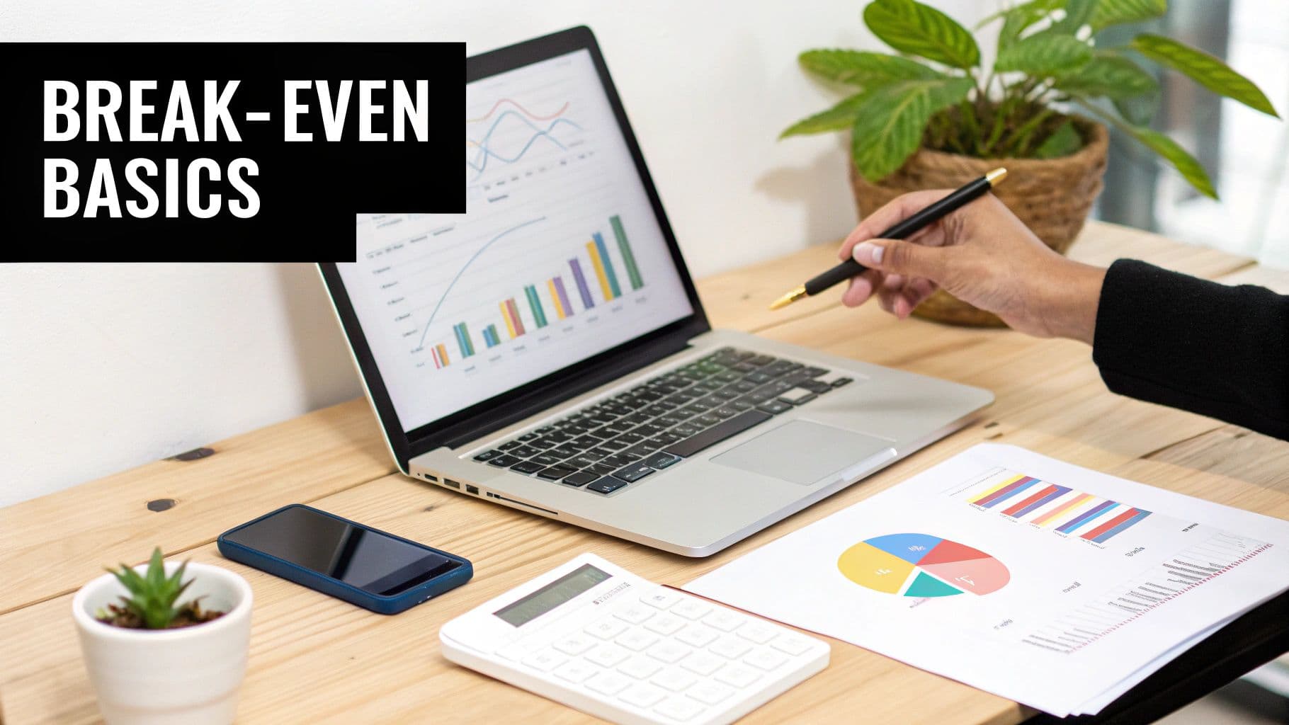 Desktop view of a person studying 'Break-Even Basics' on a laptop with business graphs and documents.