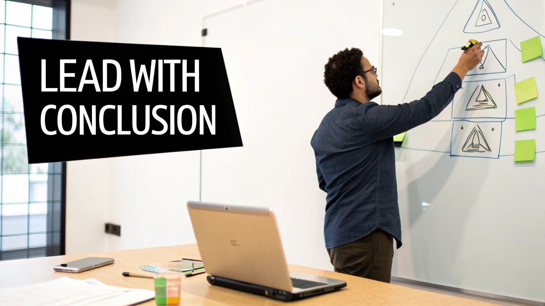 A man draws diagrams on a whiteboard next to a sign saying 'LEAD WITH CONCLUSION', with a laptop on a desk.