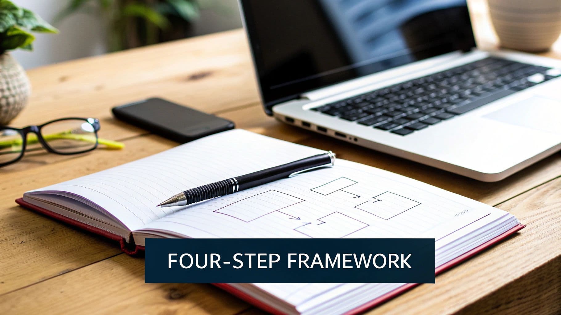 A desk setup with an open notebook showing a four-step framework diagram, a pen, laptop, and phone.