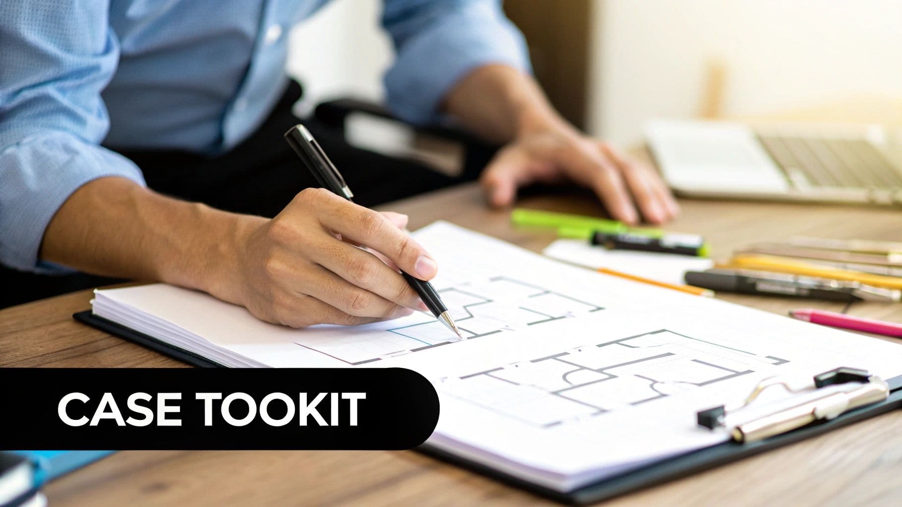 A person at a desk building a case interview toolkit, surrounded by notes and frameworks.