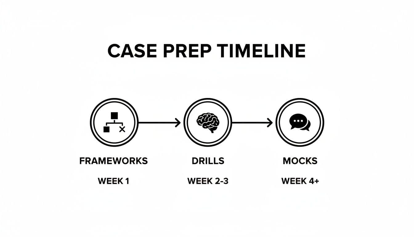 Case prep timeline showing three stages: frameworks, drills, and mocks, with associated weekly durations.