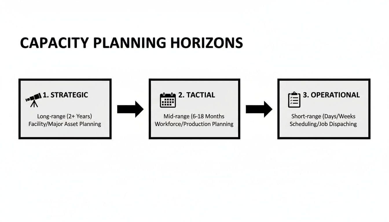Diagram illustrating three capacity planning horizons: strategic, tactical, and operational, with their timeframes.