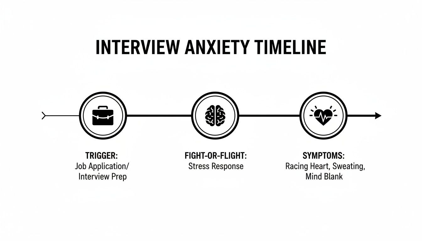 An interview anxiety timeline showing triggers, fight-or-flight response, and physical symptoms.