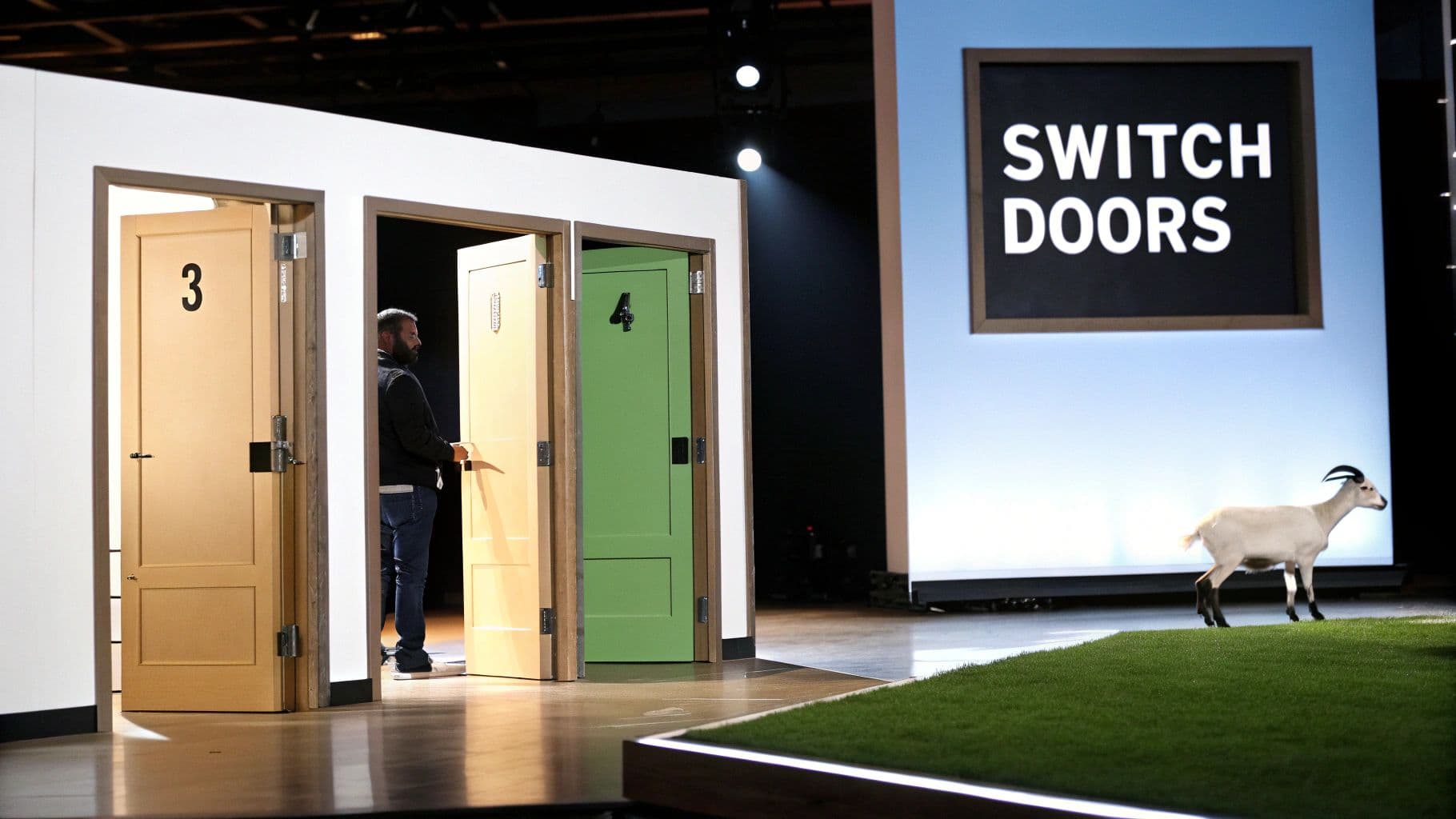 A man peeks behind door number 3 in a game show, with a goat and 'SWITCH DOORS' sign.