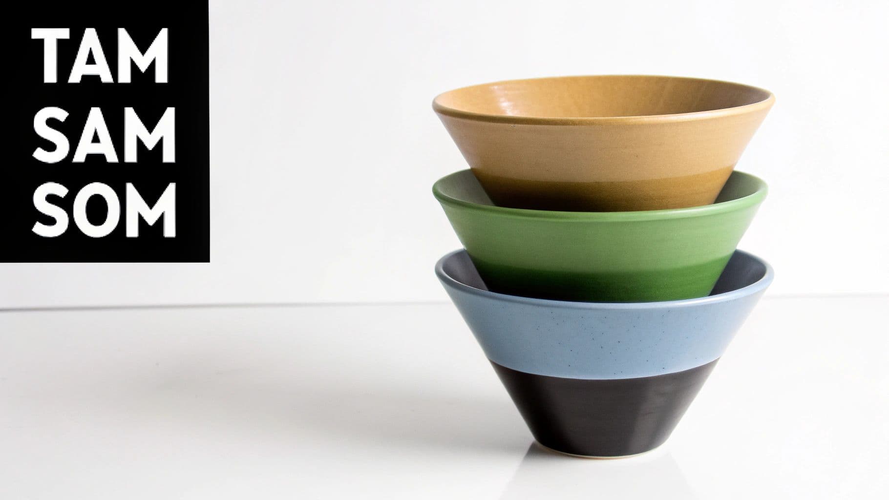 A funnel diagram showing TAM, SAM, and SOM as progressively smaller segments.