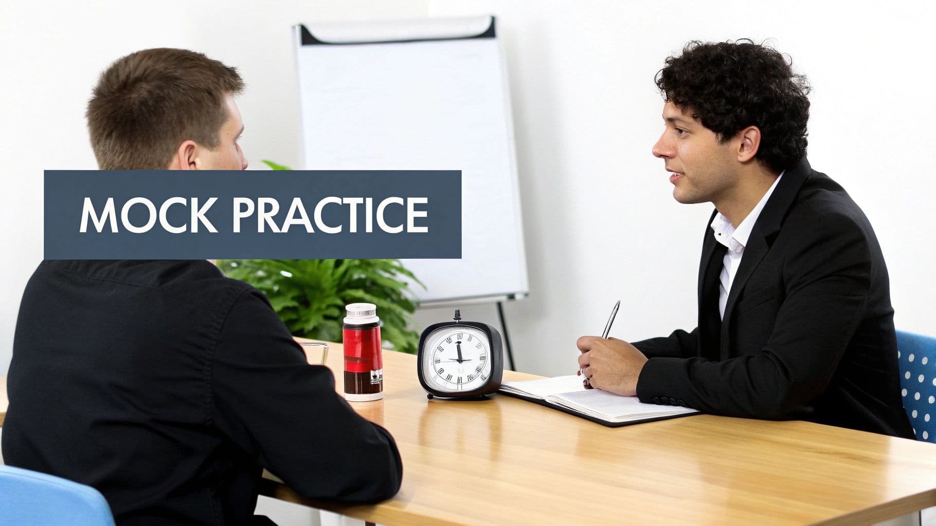 Two men engaged in a mock interview or practice session at a desk with a clock.