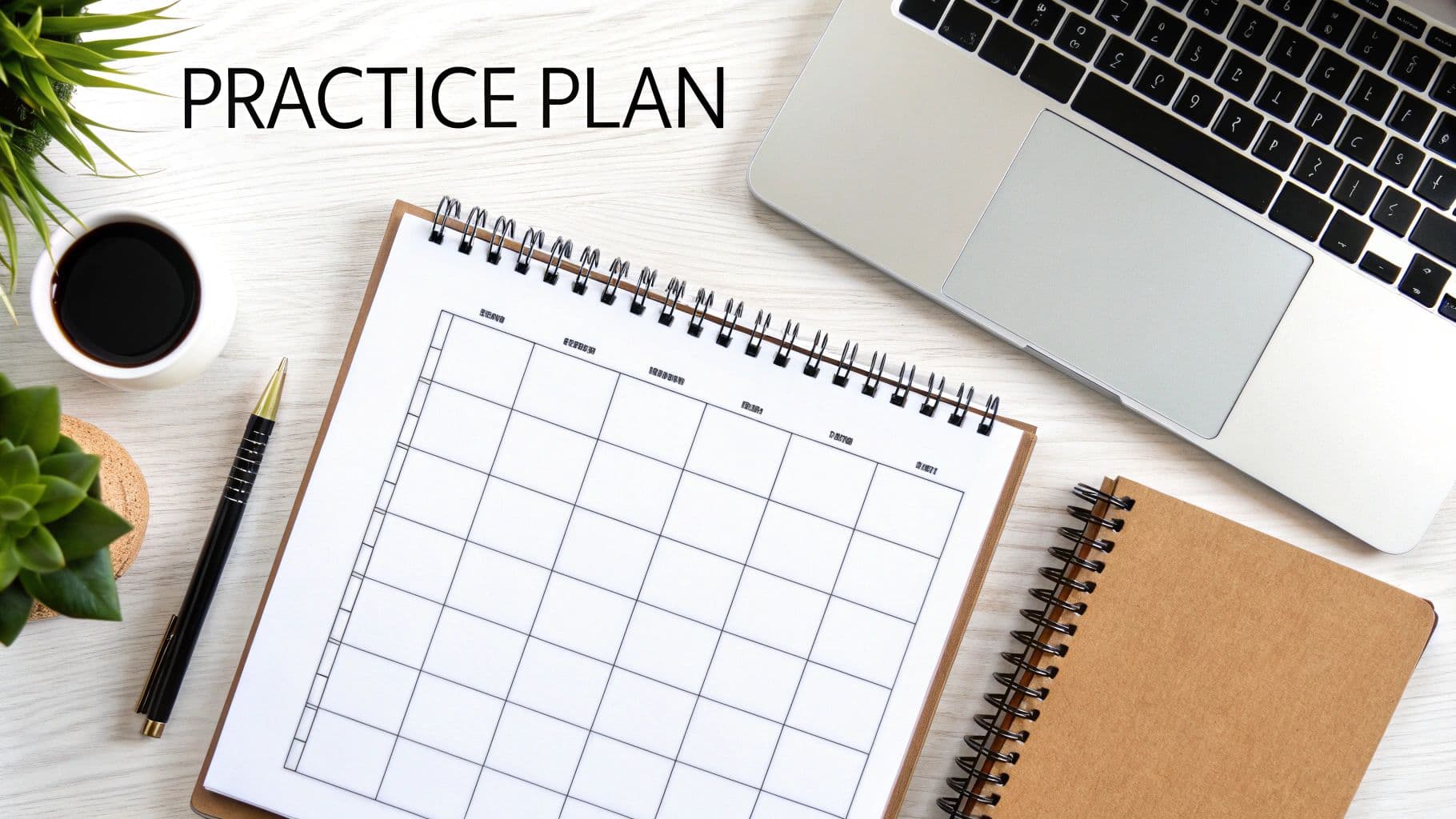 A flat lay of a bright workspace with a 'PRACTICE PLAN' title, an open planner, and a laptop.