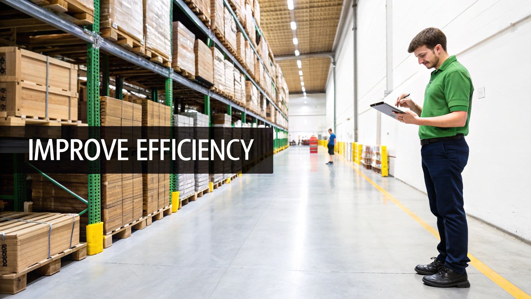 Warehouse worker uses a tablet for inventory management, surrounded by tall shelves of products.