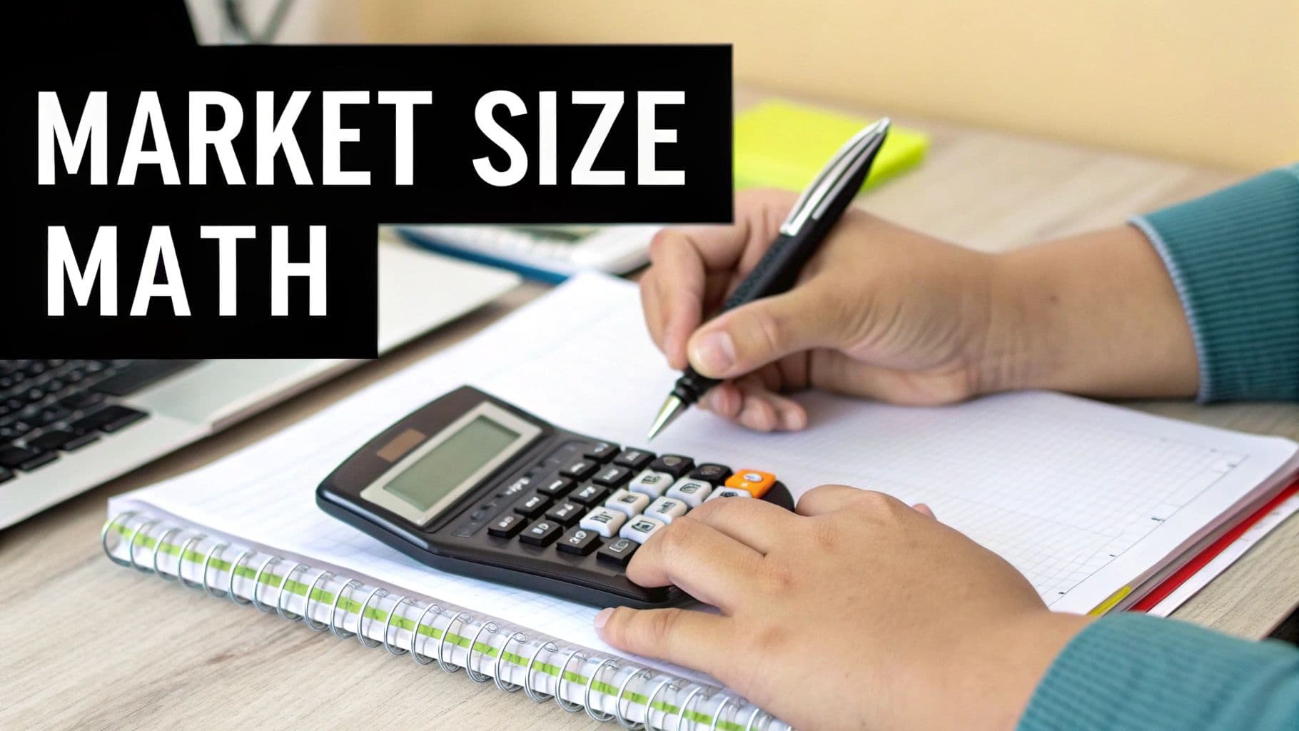 Hands using a calculator and writing in a notebook with 'MARKET SIZE MATH' text.