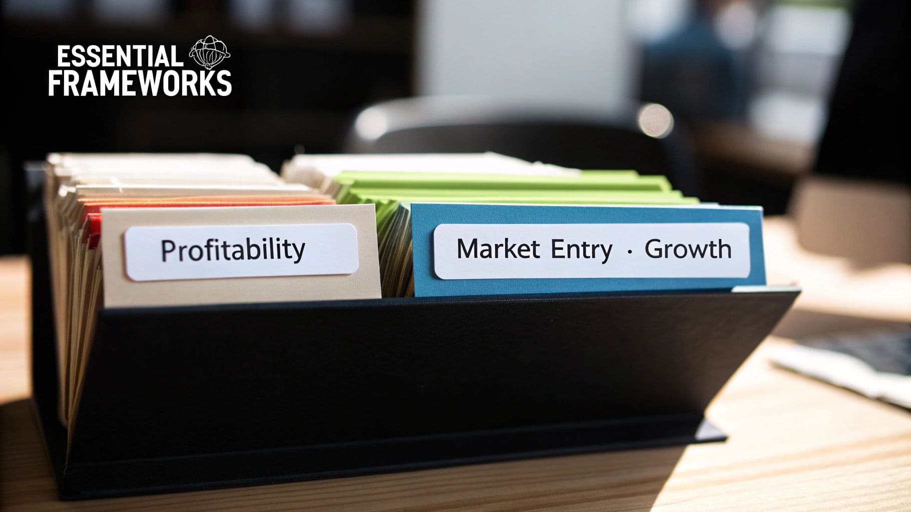 A file organizer with index cards showing 'Profitability' and 'Market Entry • Growth'.