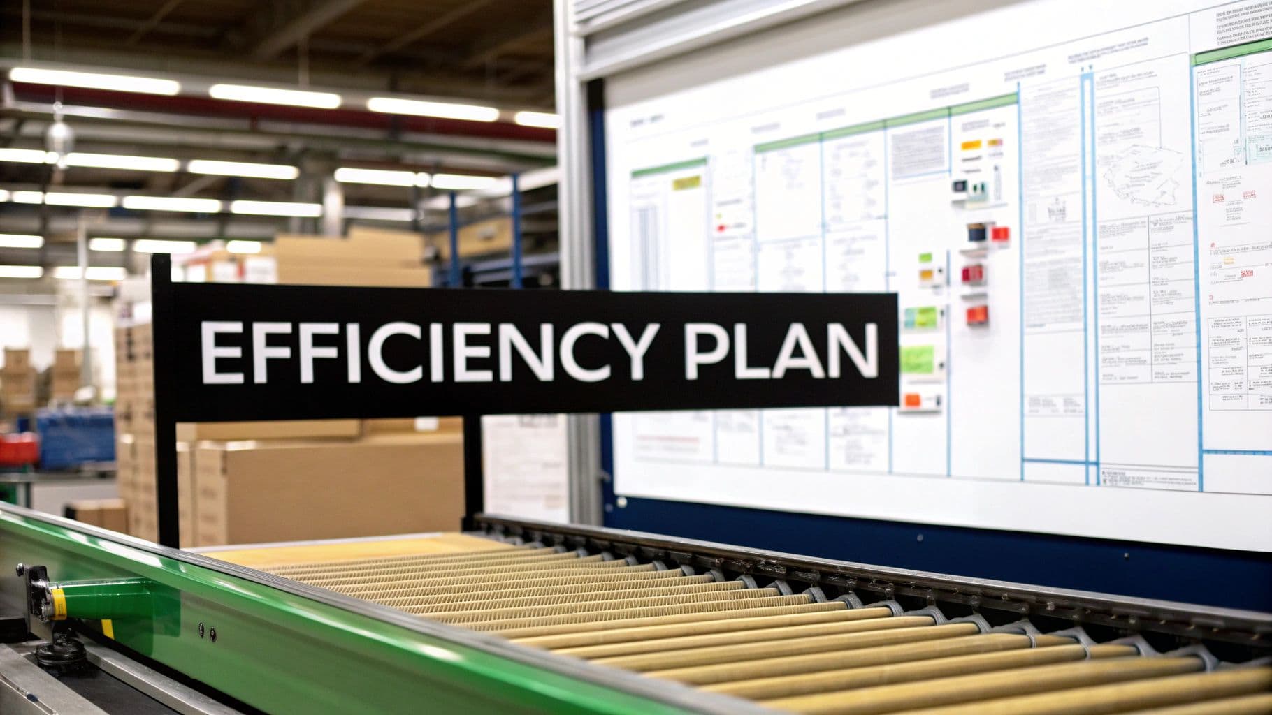 A black sign reading 'EFFICIENCY PLAN' above a conveyor belt in a busy warehouse setting.